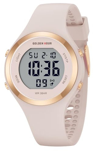 GOLDEN HOUR Montre de sport étanche pour femme avec chronographe numérique et bracelet en silicone, Moderne