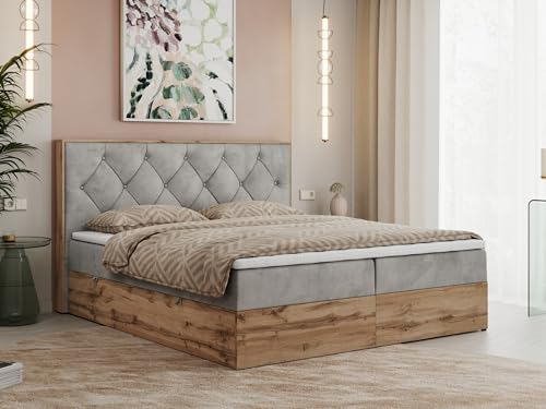 MKS MEBLE Boxspringbett 180x200 cm mit Bettkasten Wotan Eiche, Doppelbett mit Kopfteil, Matratze H4 mit Topper T25, Matratzenaufbau, Polsterbett mit Stauraum - Hellgrau Velvet - Veneto