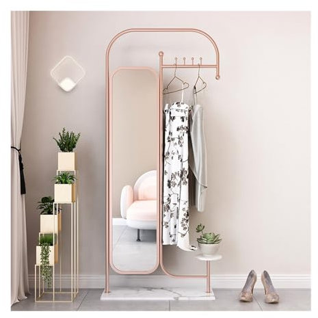 Miroirs en Pied Miroir de dressing et porte-vêtements multifonctionnel for chambre à coucher, porte-manteau en marbre sur pied, support de rangement for miroir complet Miroir sur Pied(Rose gold)