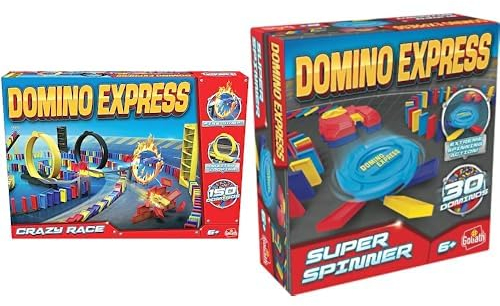 Crazy Race – Set mit 2 Spielen: Domino Express Crazy Race + Super Spinner – Konstruktionsspiel – Domino-Rennen – Werden Sie der König der Kaskade – Zum Spielen alleine, mit Familie oder Freunden – 1+