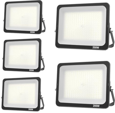 JBdusn 5pcs Foco LED Exterior 200W, Proyector IP66 Impermeable 6500K Blanco Frío, Iluminación de Seguridad para Casa, Patio, Garaje, Terraza