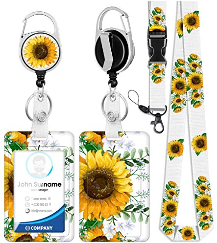 OffiEase Cordon rétractable avec porte-badge – Cordon robuste pour cordon tour de cou avec extension de sécurité – Bobine porte-clés extensible pour enfants, hommes et femmes (tournesol)