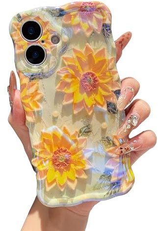 XIZYO Oil Painting Flower Case for iPhone 16, Sunflower/Green | Colorful Retro Style, Curly Wave Frame, Laser Glossy, Cute Aesthetic Floral Pattern, Slim Shockproof, Soft TPU, Girly Design
