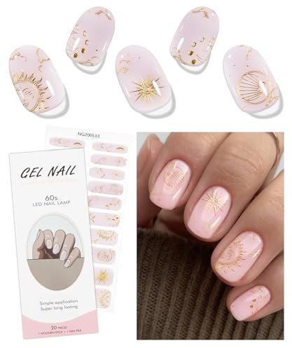 JMEOWIO Gel Nail Stickers Moon Star Semi Cured Gel Nail Strips Wraps UV/LED Nails Art Design Decoration Accessories