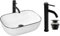 GTM Design Aufsatzwaschbecken Glanz Set mit Waschtischbatterie und Stopfen - Aufsatzwaschbecken Oval für Badezimmer - Modern Waschbecken ohne Hahnloch - Waschbecken mit Armature - Modell 7