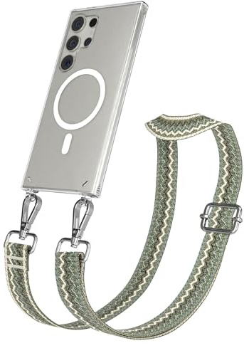 EAZY CASE Handykette - Verstellbares Taschenband kompatibel mit Galaxy S24 Ultra, Schulterriemen, Handykordel Silikon Hülle, Qi Charging kompatibel, Umhängetasche, Wellen - Grün Beige Metall Silber