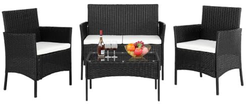 Bonnlo Poly Rattan Gartenmöbel Set für 4 Personen, Balkonmöbel, Terrassenmöbel, 1 Tisch mit Glasplatte, 2er Sofa, 2 Stühlen & Kissen, Sitzgruppe Outdoor, Schwarz