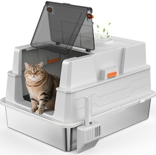MIXJOY Katzenklo Edelstahl mit Deckel, Katzenklo Groß 71x51x42cm für Großkatzen und Mehrkathenhaushalte, Geschlossene, Halboffene und offene Modi, Großformatige Hochrand-Ausführung, Spritzsicher