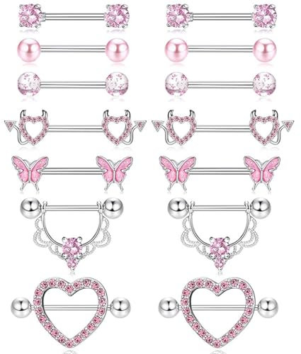TYXHXTF 7 Pièces Piercing Téton Piercing Mamelon, Acier Chirurgical Barbells Bijoux de Piercings, Acier Inoxydable Piercings Langue(Rose)