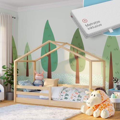 Bellabino Abia Kinderbett 90x200 cm – Hausbett mit Matratze, Rausfallschutz & Lattenrost – Montessori Kinder Bett aus Massivholz Kiefer – Kinderhausbett für Jungen und Mädchen in Natur