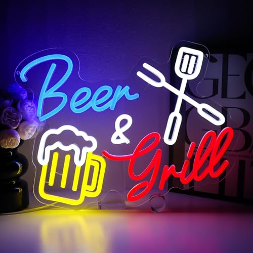 PMCVYH Beer And Grill Neon Sign for Wall Decor, Grilling Led Signs for BBQ Bar, USB Dimmable 15.75 x 11.97 Neon Lights for Beer Bar Home Pub Restaurant Patio Man Cave Wall Art