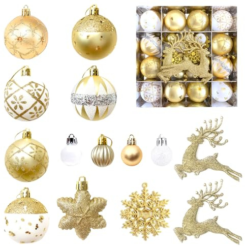 MORAINJAY 45er Set Weihnachtskugeln Gold, Kunststoff Weihnachtsbaumkugeln Ø 6 cm, Hängende Kugeln, Christbaumkugeln, Christbaum Anhänger, Festliche Deko für Zuhause
