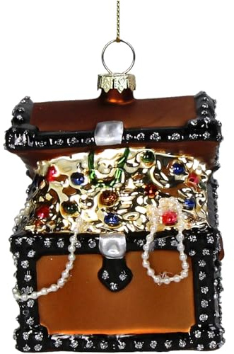 HD Collection Christbaumschmuck Glas 10cm - Schatztruhe Aufhängen - Weihnachtsbaum Anhänger für Weihnachten - Christbaumanhänger & Weihnachtsbaumschmuck - Braun Gold