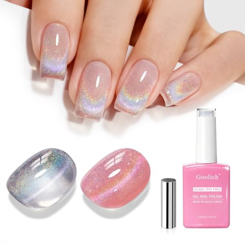 Goolich Iridescent Cat Eye Gel Nail Polish, 15ML HEMA & TPO Free Clear Rainbow Glitter Shimmer Magnetic Gel Polish with Magnet Soak off UV LED Nail Art Design Manicure Salon