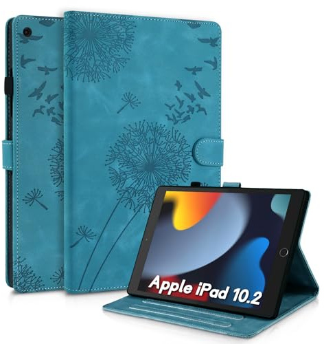 Rostsant Hülle für iPad 10,2 Zoll Modell 2021/2020/2019 (9./8./7. Generation),PU Leder mit Standfunktion und Kartensteckplatz,Löwenzahn Design,Magnetische Verschluss Wallet Hülle Blau