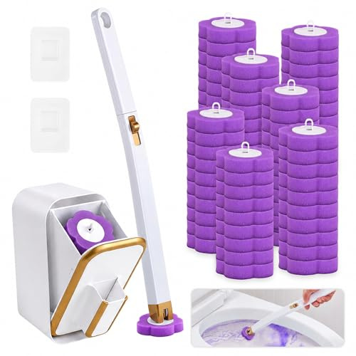 Disposable Toilet Brush and Holder Set with 60 Purple Replacement Head Refill, 360° Degree Cleaning Toilet Brush Cleaning Kit with Wall Mounted Holder Cleaner Set for Hygienic Bathroom Cleaning