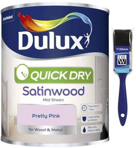Pretty Pink Quick Dry Satinwood Paint 750ml | Interior Wood and Metal Paint | Durable Mid Sheen Finish | Fast Drying Trim Paint for Doors Skirting Boards Cupboards and Furniture