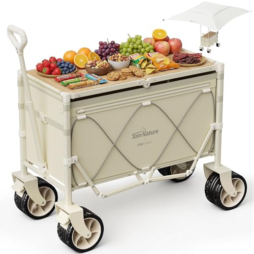 3-in-1 Bollerwagen Faltbar mit Tischplatte & Sonnendach (UV50+) | 160L, bis 150kg belastbar Strand Handwagen Gartenwagen für Alle Gelände, Camping Strand Einkauf Tier, Groß