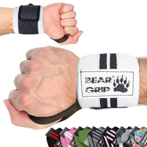 BEAR GRIP - Soporte para muñecas de levantamiento de pesas (Se venden en pares) (Blanco)