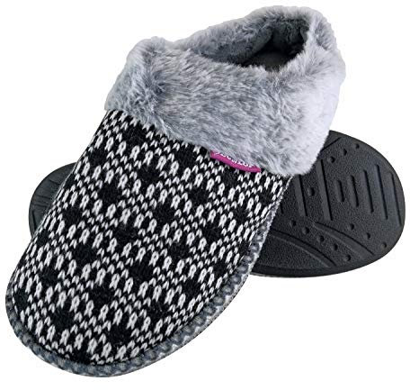 Dunlop - Ladies Cute Cosy Plush Memory Foam Knitted Slippers with Open Back Mules (7 UK, Black)