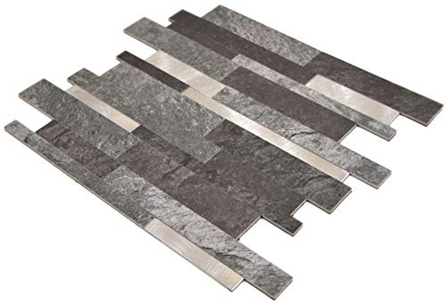 Selbstklebende Mosaikmatte Verbund Vinyl Steinoptik Black Qaurtz/Silver für WAND KÜCHE Fliesenspiegel, Mattengröße: 300x300 = 0,09 qm, Steingröße: 100/200x15/25+150x35x4 mm - 1 Matte
