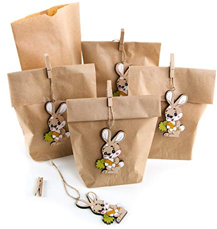Logbuch-Verlag 5 Osternest Geschenk Tüten zum Befüllen mit Osteranhänger Hase aus Holz 16,5 x 26 x 6,5 cm
