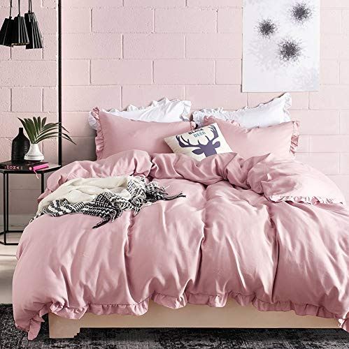GETIYA Kinder Rüschen Bettwäsche 135x200 Rosa Altrosa Einfarbig Bettwäsche Romantisch Hotel Qualität Mikrofaser Bettbezug Set 2 Teilig mit 1 Kissenbezug 80x80cm
