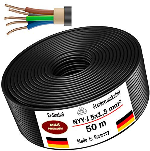 Câble d'alimentation de terre NYY-J, disponible en 5 à 100 m, 5 x 1,5 mm², électrique, avec anneau pour pose en extérieur, en sous-sol, 50 m