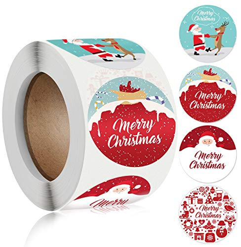 Dongpong Feliz Navidad pegatinas rollo 1.5 pulgadas 4 diseños redondos etiquetas de Navidad 500 adhesivos decorativos sobres pegatinas para tarjetas de regalo sobres cajas