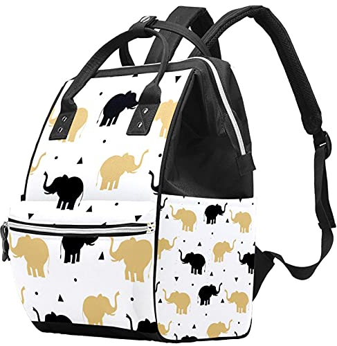 Wickeltasche mit Elefanten-Motiv, groß, multifunktional, für Reisen, Wickeltasche, Stilltasche, für Baby-Pflege, Schwarz / goldfarben