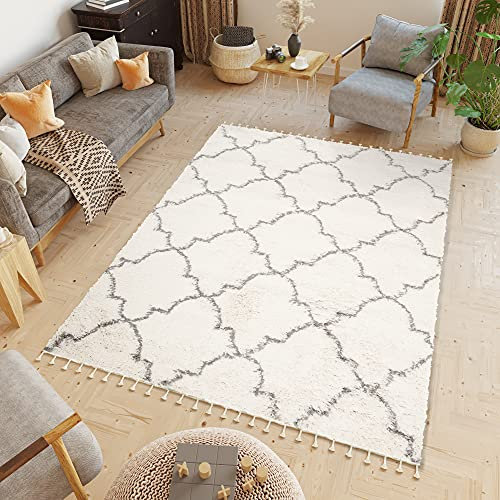 TAPISO Boho Fringes Teppich Hochflor Langflor Shaggy Fransenteppich Creme Grau Trellis Marrokanisch Modern ÖKOTEX 300 x 400 cm