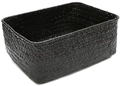 Bodhi2000 Cesta de paja natural, rectangular hecha a mano, caja de almacenamiento de paja de regalo, cesta de decoración para estantería, caja de almacenamiento de escritorio de color negro