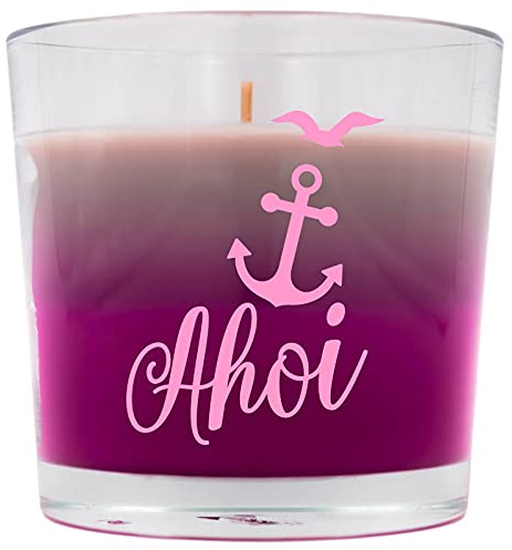 WB wohn trends Duft-Kerze mit Spruch, AHOI Anker, 9x9,5cm rosa pink grau, frischer Sommer-Duft Duft-Windlicht