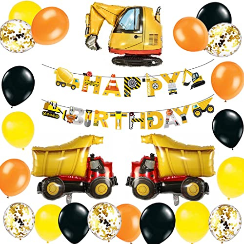 Riesige Baufahrzeug-Folienballons für Geburtstagsparty-Dekoration mit Baufahrzeug-Thema, inklusive Happy Birthday-Banner