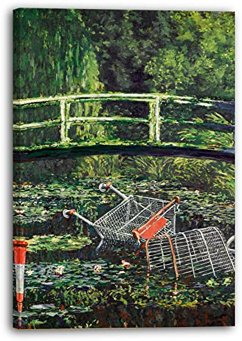 Printistico Leinwandbild Banksy Meets Monet Japanische Brücke Seerosen - Klimaschutz Street-Art Moderner Kunstdruck Canvas