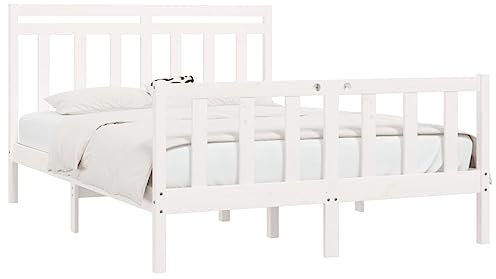 vidaXL King Size Solid Pine Wood Bed Frame with Plywood Slats and Comfortable Headboard - White, 150x200 cm