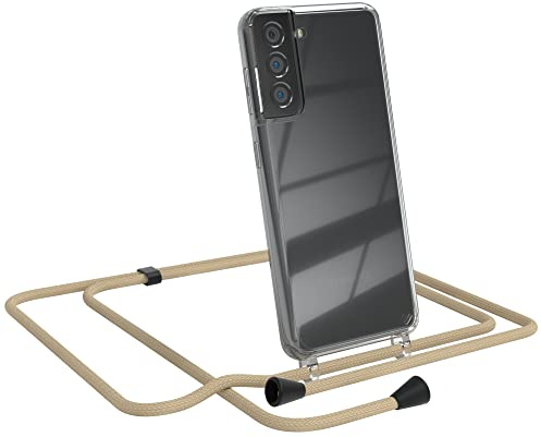 EAZY CASE Handykette kompatibel mit Samsung Galaxy S21 5G Handyhülle mit Umhängeband, Handykordel mit Schutzhülle, Silikonhülle, Hülle mit Band, Kette mit Hülle für Smartphone, Taupe - Clips Schwarz