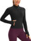 CRZ YOGA Damen Butterluxe Full Zipper Sport Jacke Zip Tasche Crop Running Laufjacke Gym Langarmshirt Sweatjacke mit Daumenloch Schwarz 38
