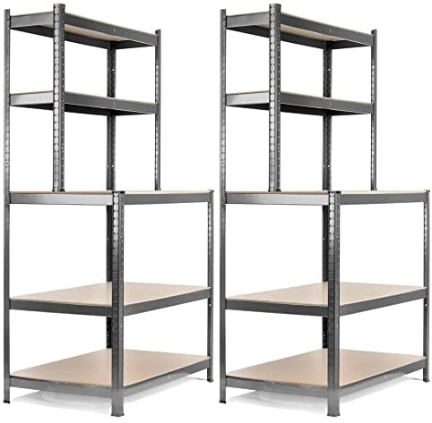 Stagecaptain 2X WBR-175 SR Werkbankregal - Schwerlastregal mit Werkbank - Lagerregal für Werkstatt, Keller, Speisekammer - 5 Böden in 2 Tiefen - Extra stabile Arbeitsfläche auf 97 cm Höhe - Silber
