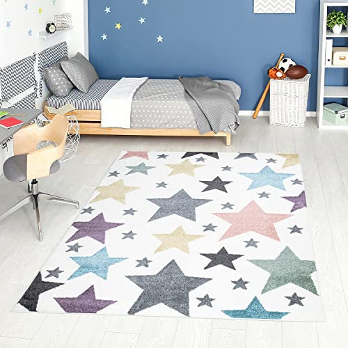 carpet city Teppich Kinderzimmer Sterne - Creme - 160x230 cm - Kinderteppich Kurzflor mit bunten Sternen - Weicher Flor - Sternenteppich