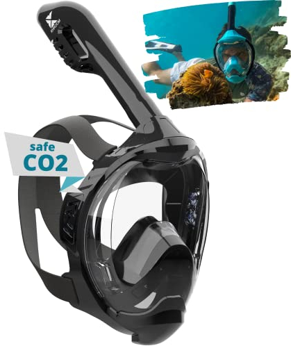 Khroom Schnorchelmaske Erwachsene & Kinder ab 3 Jahre | CO2 sicher | Vollgesichtsmaske mit Easy-Breath System | Schnorchelset Alternative | Seaview Y Tauchmaske Erwachsene / Kinder (S/M Schwarz)