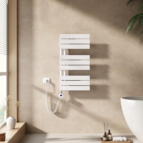 EMKE Seche Serviette Electrique 762x400 mm, Porte-Serviettes Chauffant avec Thermostat, Chauffe Serviette Salle de Bain Blanc 400W,Sèche Serviette électrique