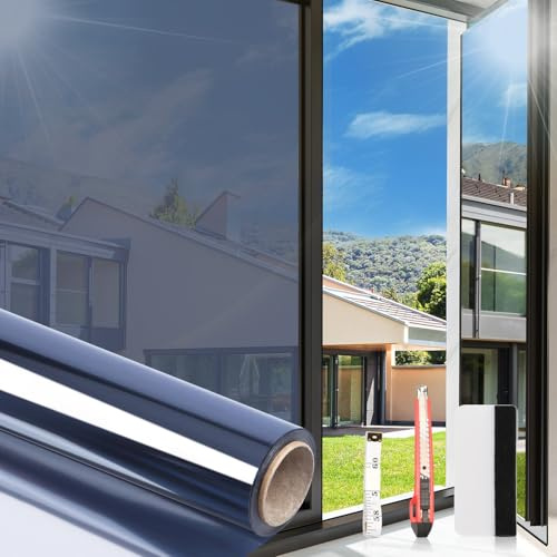 Arthome One Way Window Film Daytime Privacy UV Blocking Mirror Film Non-Adhesive Static Cling Heat Control Reflective 90cmx254cm,Blue Silver for Home and Office