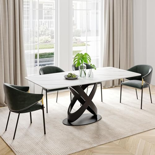 POVISON Moderner Weißer Esstisch Rechteckig für 6 Personen, esstisch marmoroptik,Tischplatte aus mattem Sinterstein, schwarzes Gestell,einfache Installation,180 x 90 x 75 cm (ohne Stühle)