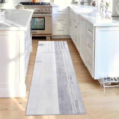 Calore Teppich Läufer Flur Waschbar rutschfest Abstrakt Moderner küchenteppich Kurzflor Langer Läufer für Flur, Küche, Wohnzimmer, Schlafzimmer, Wäsche (Grau/Hellblau, 60 x 300 cm)
