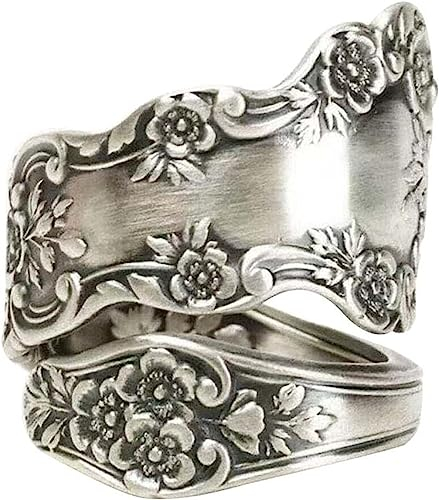 HshDUti 925 Sterling-Silver Oxidized Spoon Ring Adjustable Ring Jewelry Gifts for Women, Spoon Rings for Women Vintage Flower Boho Open Ring Victorian Thumb Jewelry Silver