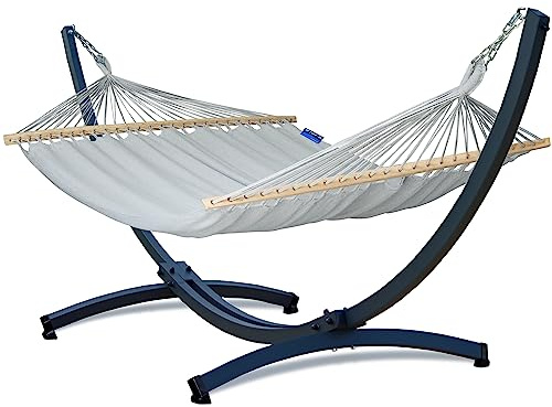 Potenza Outdoor Hängematte mit Tytan Gestell für 2 Personen I Baumwolle Merida Doppelhängematte 220x160, 220kg I Hängemattengestell 350kg (3 Verzinktes Gestell Graphit, Stabhängematte Grau)