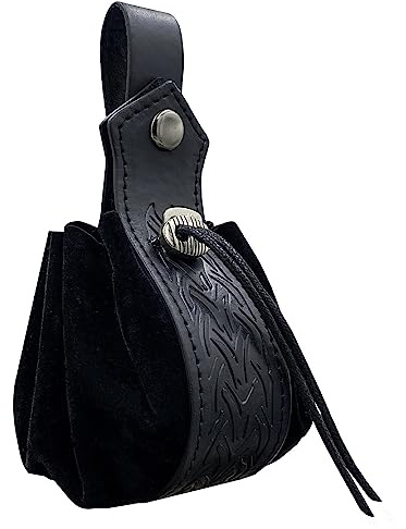 Sacoche médiévale en Faux Cuir, Sacoche à Cordon Viking, Porte-Monnaie Vintage Renaissance, Sac à dés pour GNL Halloween Ren Faire (Noir-2)