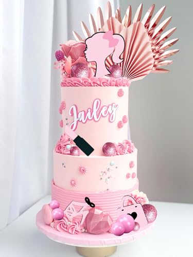 JeVenis Luxury Hot Pink Girl Cake Decoration Pink Girls Birthday Decoration Pink Balls Palm Leaves Heels Lipstick Bags Cake Topper for Birthday Bridal Shower Baby Shower