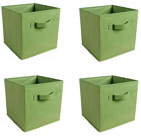 JaHECOME Set of 4 Fabric Storage Boxes Green Foldable Cube Storage Boxes Storage Bins Organizer Basket with Handles for Drawers Shelves in Bedroom, Nursery Office, Playroom (GREEN)